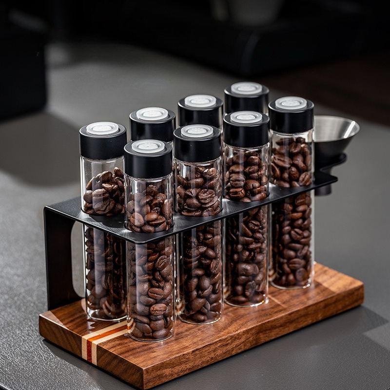 Commercial Kitchen Organization - JUSTINLAU ガラス製コーヒー豆保存容器 気密1方向バルブ付き 木製ディスプレイラック ファンネル付き 木製キッチンオーガナイザー