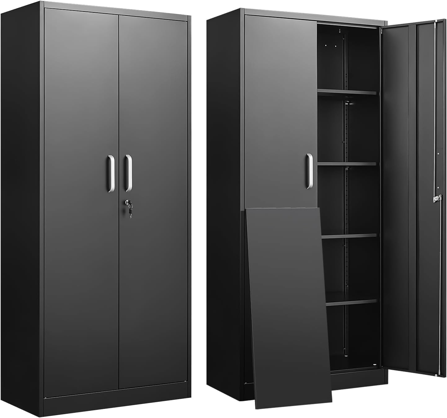 Commercial Kitchen Organization - 調節可能な棚付き金属製収納キャビネット ドアと棚付きの黒いガレージキャビネット ホームオフィス用の大容量ファイルラック 背の高いキッチンパントリーロッカー ユーティリティ収納オーガナイザー