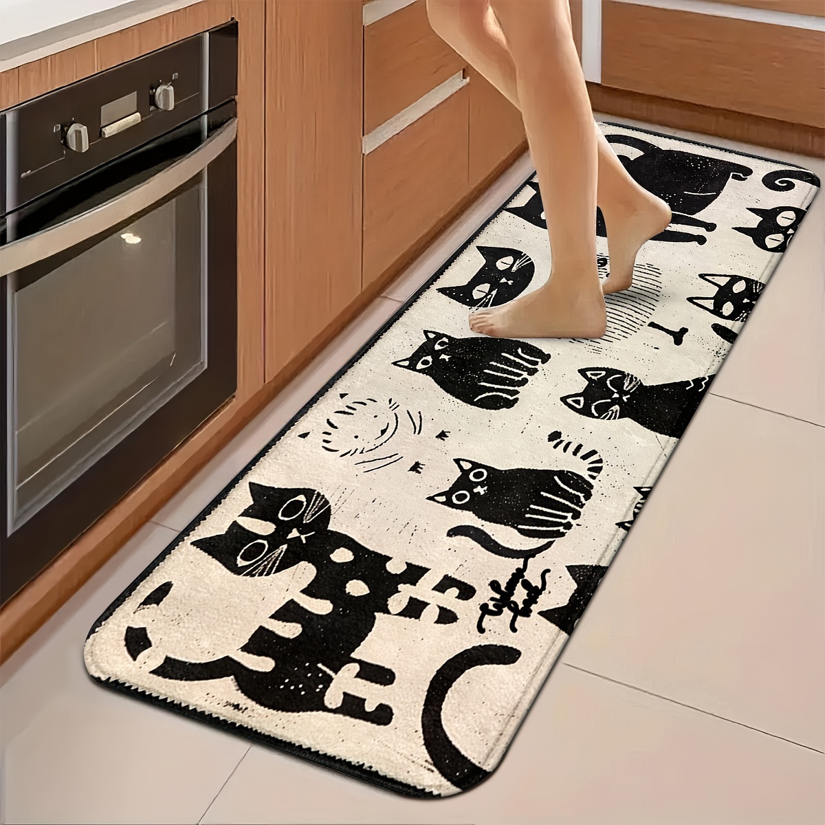 かわいい漫画の猫の背面図 キッチンランナーラグ 青い波模様の - Commercial Kitchen Background のレビューと価格