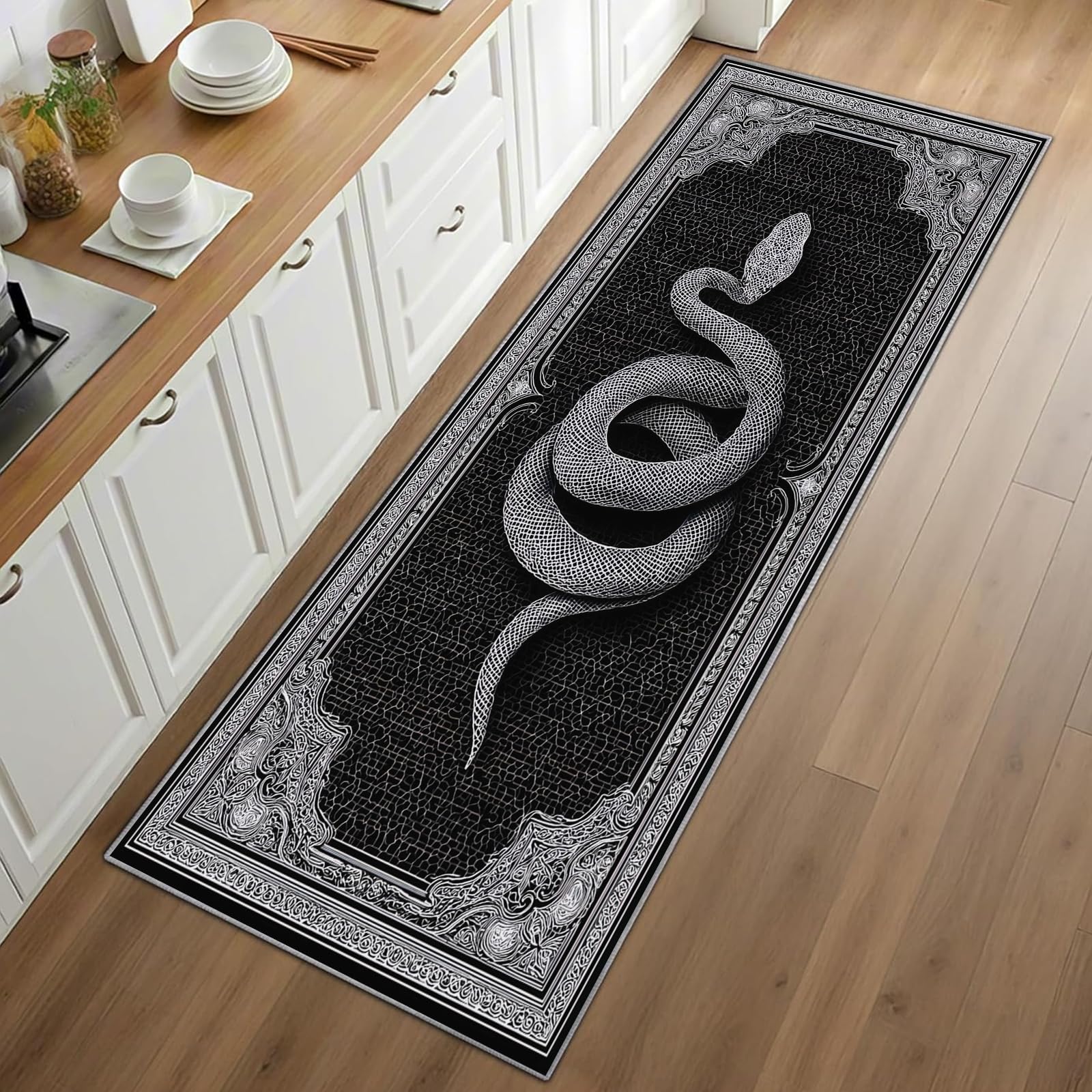 ゴシックスネークランナーラグ黒背景華やかなボーダーパターンカ - Commercial Kitchen Background のレビューと価格