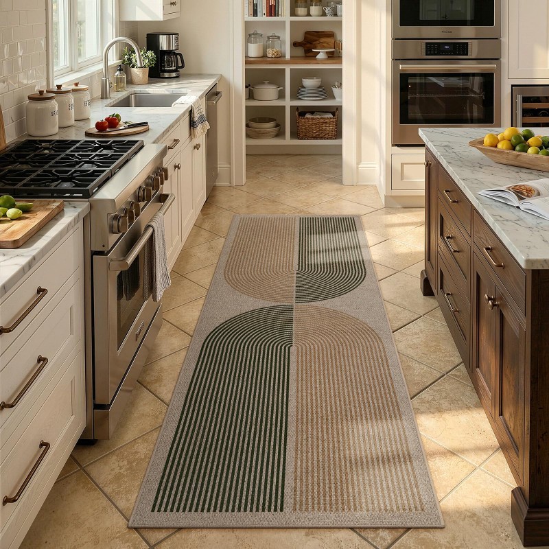 アールデコ調ランナーラグ緑色の背景黄色のアークパターンカーペ - Commercial Kitchen Background のレビューと価格