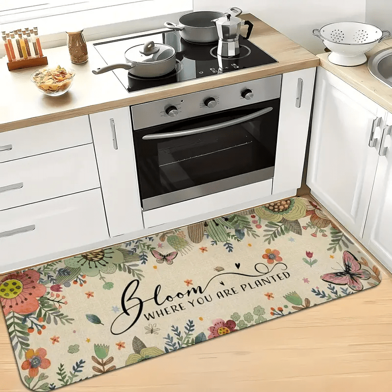 水彩画のひまわりと蜂のロングランナーマット、素朴な木製背景に - Commercial Kitchen Background のレビューと価格