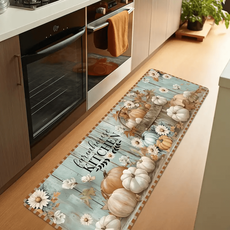 水彩画のひまわりと蜂のロングランナーマット、素朴な木製背景に - Commercial Kitchen Background のレビューと価格