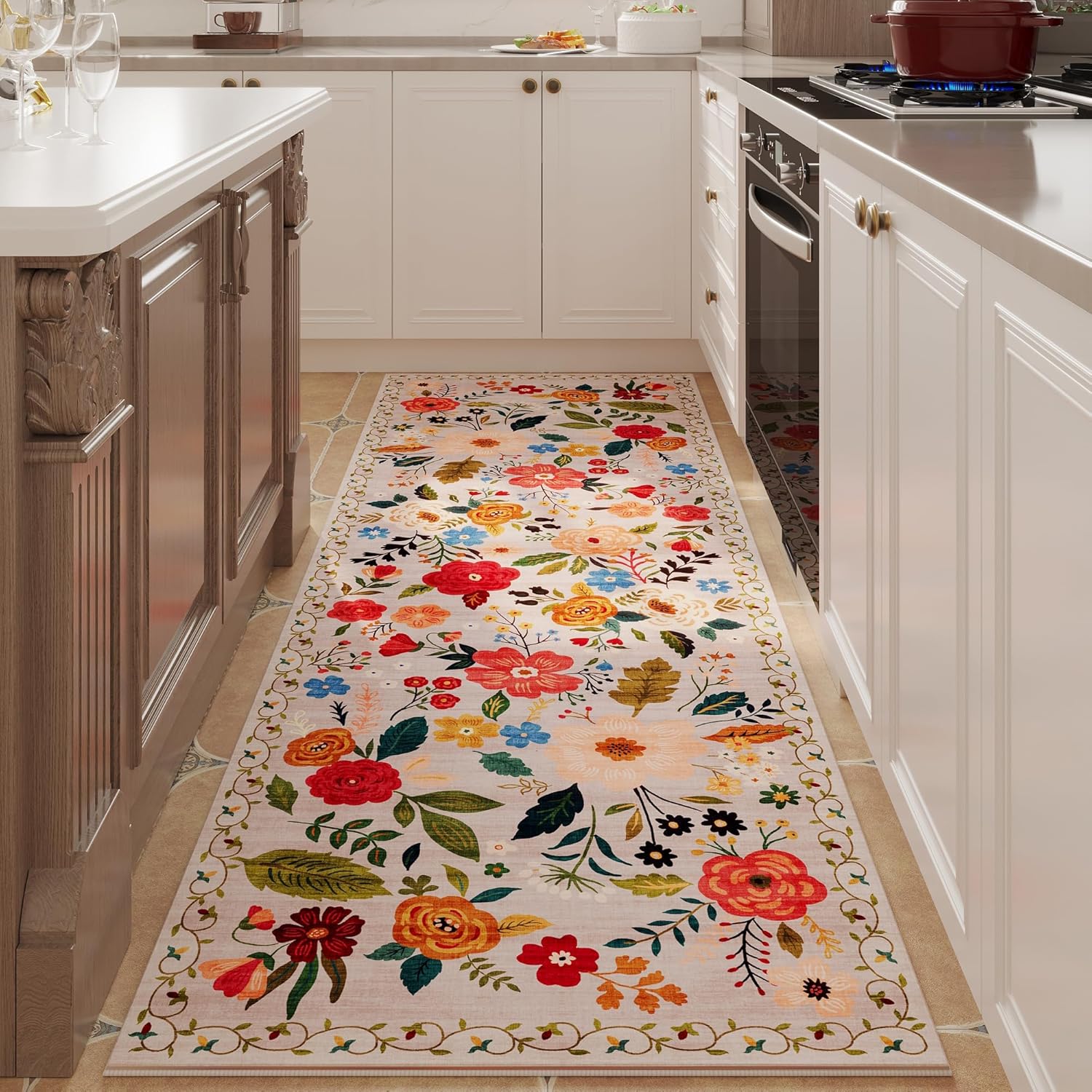 ヴィンテージ花柄ランナーラグ ベージュ背景 カラフルな花の蔓 - Commercial Kitchen Background のレビューと価格